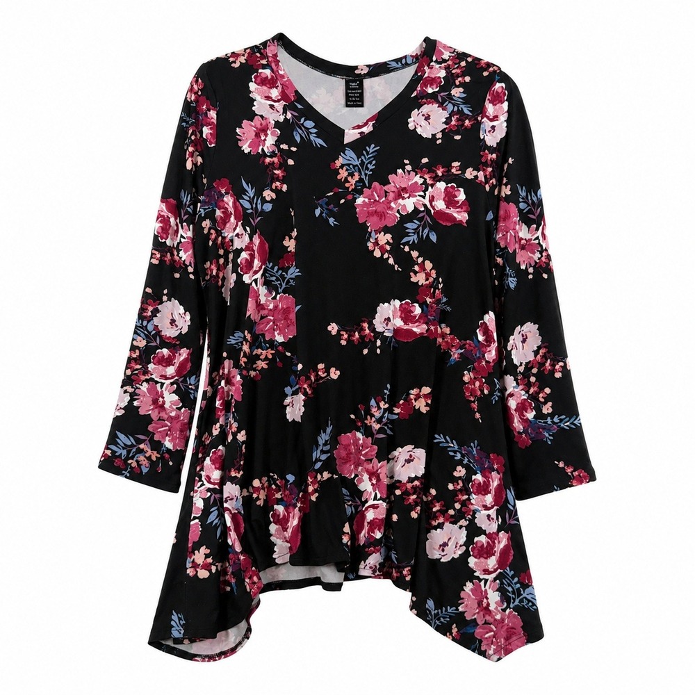 Lildy L XL Tunic Handkerchief‎ Hem Floral Black Pink Bell Sleeve V-Neck Pockets